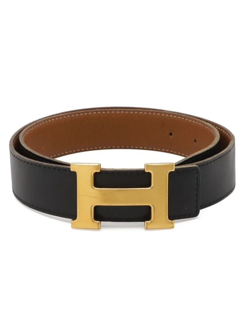 Hermes Belt Buckle Reversible Leather Black Brown Gold 75